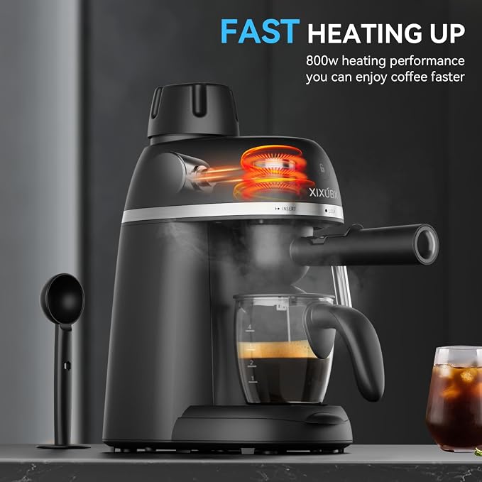 XIXUBX Compact Espresso & Cappuccino Machine, 3.5 Bar with Steam Wand | 800W Fast Heating, Safety Lock & Tritan Cup, One-Touch 4-Cup Brewing & Powerful Steam for Latte, Black for Home & Office