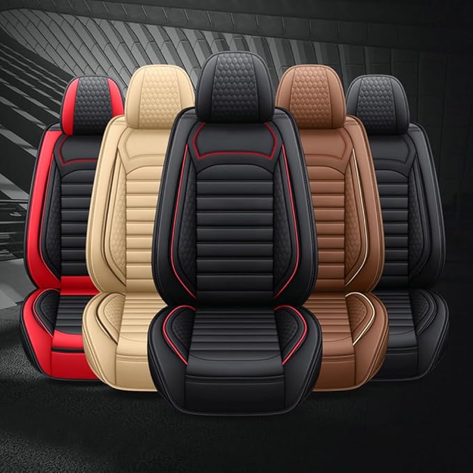Leather Car Seat Covers for Volkswagen Golf Alltrack 2017-2019,Car Seat Covers Full Set,Seat Covers with Safety,Waterproof Seat Cover Compatible Airbag(5pcs Black&Red Bars Standard)