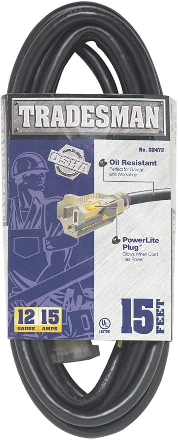 Woods Heavy Duty Extension Cords, 15Ft, 12 Gauge, 3 Conductor, Lighted End, Indoor/Outdoor Cord, SJTOW, Black, 32472 (Pack of 6)