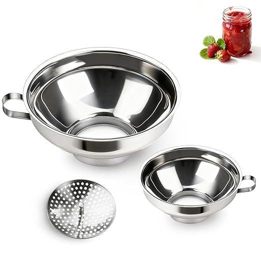 Canning Funnel with Strainer, Wide Mouth Funnels for Filling Wide and Regular Mason Jars Three-Piece Set, Food Grade Stainless Steel Canning Supplies for Kitchen Use (Silvery)