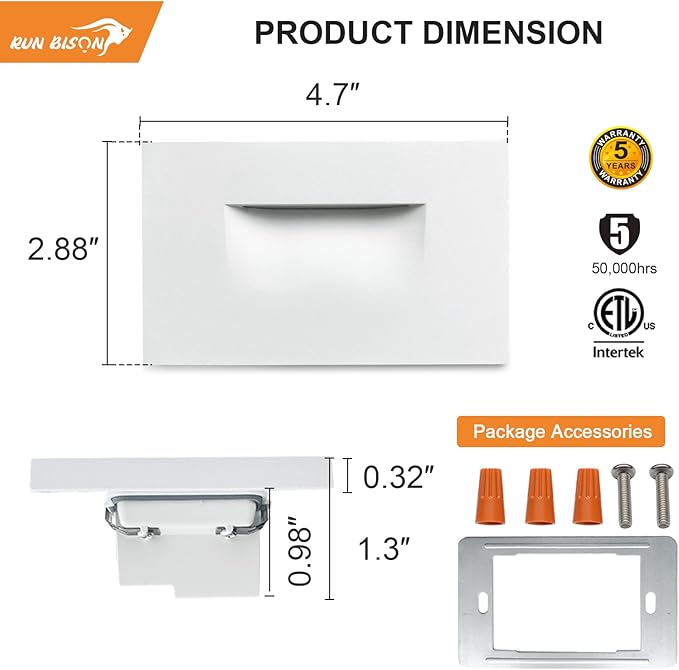 Horizontal Step Lights, 5CCT Selectable, IP65 Waterproof, 3W 100LM, 120V LED Stair Lights Indoor Outdoor, 10%-100% Dimmable, White, ETL Listed - 4PK