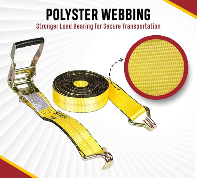Mytee Products 10 Pack 2 Inch x 50 FT Heavy Duty Ratchet Straps with Double J Hooks | 10,000 lbs. Breaking Strength Yellow Tie Down Straps w/Wire Hooks for Industrial Use, Trailers, Truck & Cargo.