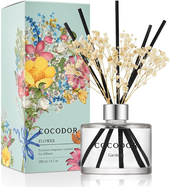 COCODOR Flower Reed Diffuser Set / 6.7oz / Gardenia/Scent Diffuser with Sticks Home Fragrance Reed Diffuser for Bathroom Shelf Decor for Women