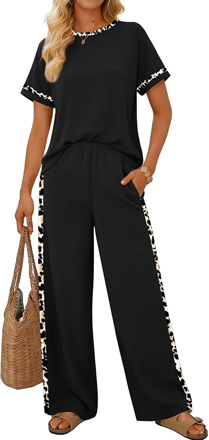 Sampeel 2 Piece Sets for Women Matching Sets Summer Outfits Resort Wear Short Sleeve Lounge Set Wide Leg Pants with Pockets