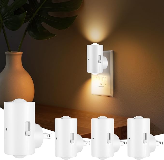 4 Pack Mini LED Night Light, Dimmable Plug-in Wall Light with Dusk to Dawn Auto On/Off, 180° Rotating Head, 3000K Soft White, 0-200 LM for Nursery, Hallway, Bathroom