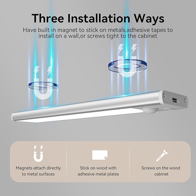 Under Cabinet Lighting, 3 Color Magnetic Motion Activated Under Cabinet Lights, Rechargeable Closet Lights 1800mAh Battery Operated, Wireless Dimmable Under Counter Lights for Kitchen,Hallway 4 Pack