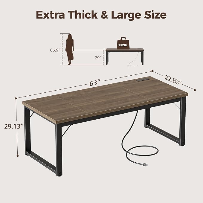 Mericonia 63 Inch Computer Desk with Power Outlets, 1.2" Thick Office Table | Modern Simple Style, Heavy Duty Industrial Frame, Large Study & Writing Table for Home Bedroom Work, Walnut