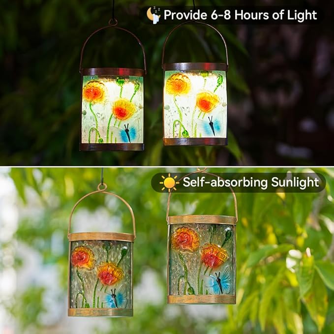 Starsoul 2 Pack Hanging Solar Lantern Outdoor Waterproof Glass Butterfly and Flowers Decorative Solar Lights for Outside Garden Yard Table Patio Decor
