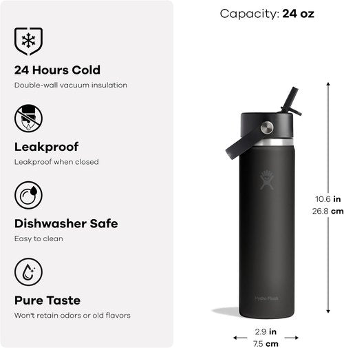 Hydro Flask Water Bottle - Insulated Stainless Steel - 24 Oz Harbor Blue, Wide Straw Lid, Leakproof