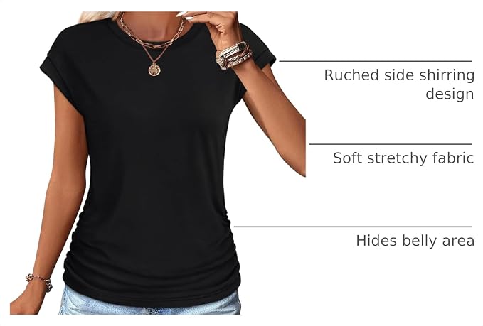 Sampeel Womens Summer Tops Trendy 2026 Ruched Cap Short Sleeve Tshirts Shirts Crew Neck T Shirts Fashion