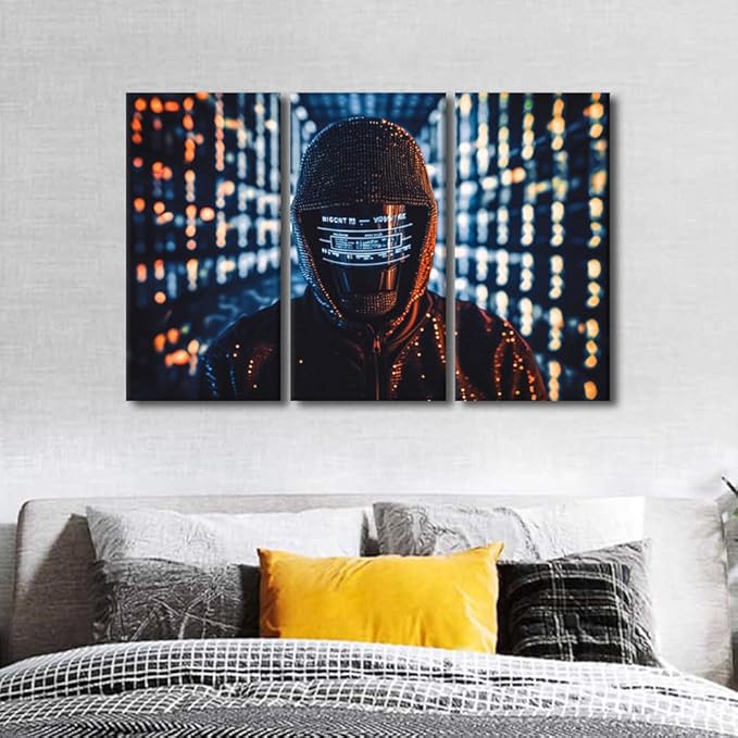 3 Panel Framed Wall Art Hacker in Mask on Dark Background with Digital Effects Pictures Print on Canvas for Living Room Bedroom Wall Decoration, Wooden Framed Ready to Hang, 42" Wx28 H
