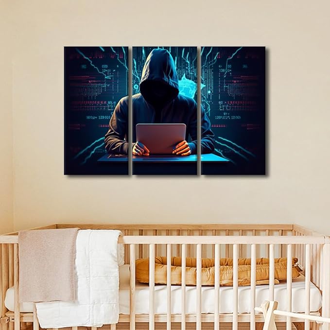 3 Pieces Big Data Canvas Wall Art - Hacker Malware Painting Canvas Print Modern Artwork for Home Walls Hacker Wall Art Home Office Modern Wall Decor Stretched and Framed Ready to Hang, 36"Wx24"H