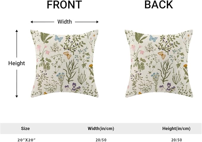 AEIOAE Spring Sage Green Wild Flower Pillow Covers 20x20 Set of 2 | Plant Throw Pillows Case,Seasonal Floral Outdoor Decorative Linen Farmhouse Decor Cushion Covers for Home Sofa Bed Couch