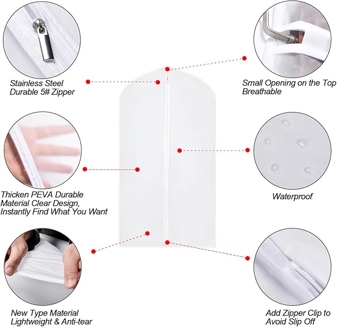 Suit Bags for Closet Storage Garment Bag 24''X40'' Clear Garment Bags for Hanging Clothes (Set of 6) Plastic Waterproof Suit Cover Bag with Zipper for Coats, Jackets, Shirts