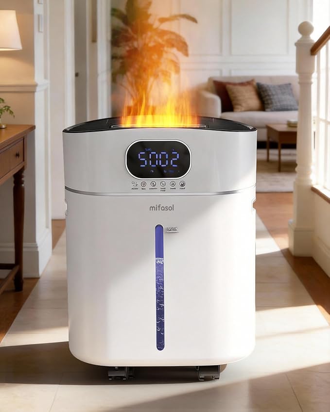 Humidifier Large Room Warm and Cool Mist, 3.2Gal/12L Humidifiers for Home 800 sq ft, Air Humidifiers for Bedroom with Diffuser & Flame Light, Whole House Humidifiers for Nursery Baby Plants, White