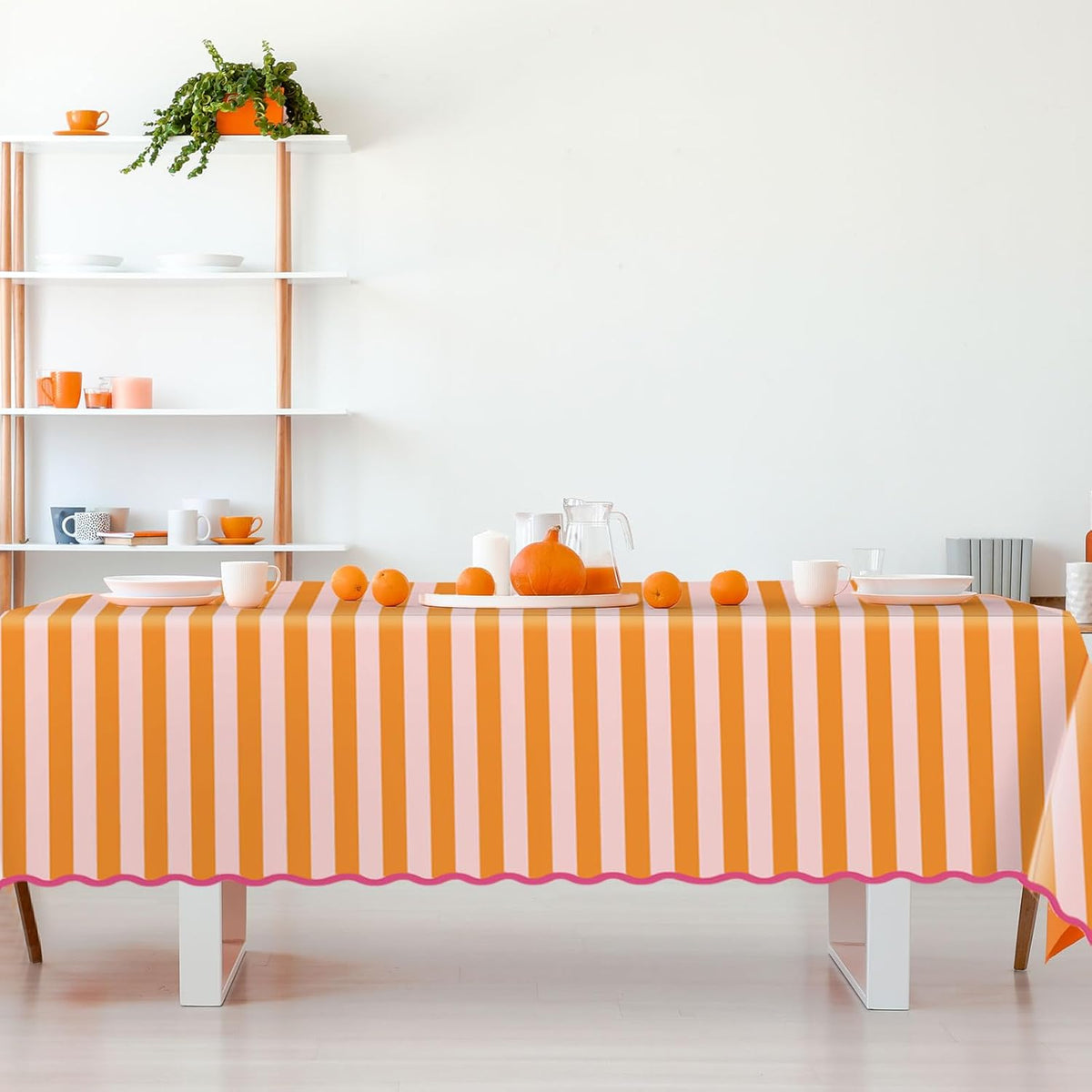 Whaline Scalloped Edge Tablecloth, Orange Pink Striped, 55 x 70 Inch | Waterproof Fabric Tablecloth, Rectangle Table Cover, for Home Kitchen Table Decoration