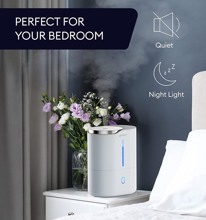 GENIANI Cool Mist Air Humidifiers for Bedroom, Plants, and Large Rooms - Quiet Humidifiers for Baby Room with Auto Shut Off & Night Light (3.9L, White)