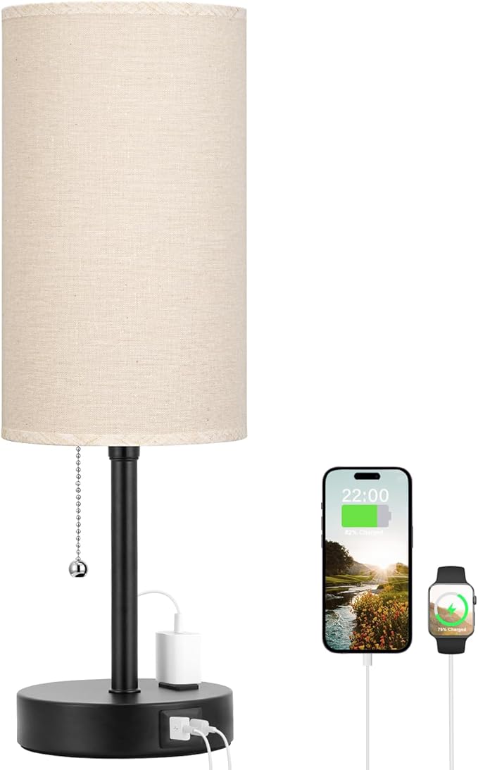 Dicoool 17Inch Tall Bedroom Lamps with USB C and A Ports 3 Color Temperatures - Pull Chain Beige Nightstand Bedside Table Lamp with AC Outlet, Side Lamp for Living Room End Table