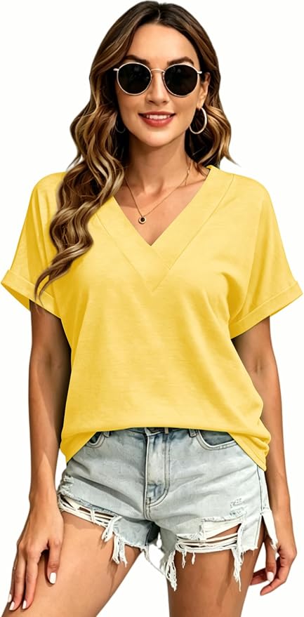 T Shirts Short Sleeve V Neck Tees Womens Tops Beach Vacation Fashion Clothes 2026 Casual Summer Spring Fall Outfits