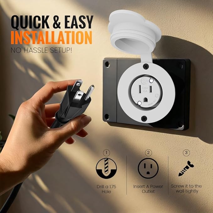 10 Foot 15A Weatherproof Outdoor Power Outlet by Journeyman-Pro 15 Amp 110/120 Volt 5-15R Receptacle Kit with Integrated (10' FT) 120" Extension Cord + Waterproof Rubber Cover (White)