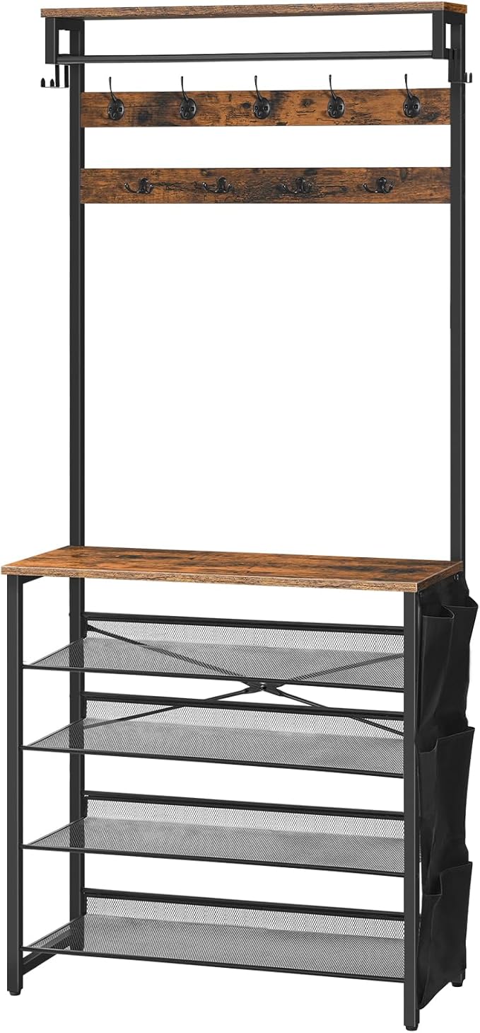 HOOBRO Hall Tree with Bench, Entryway Coat Rack with Shoe Rack, Shoe and Coat Rack, 5 Tier Shoe Storage Organizer with Oxford Fabric Side Pockets, Adjustable Mesh Shelves, Rustic Brown BF75MT01