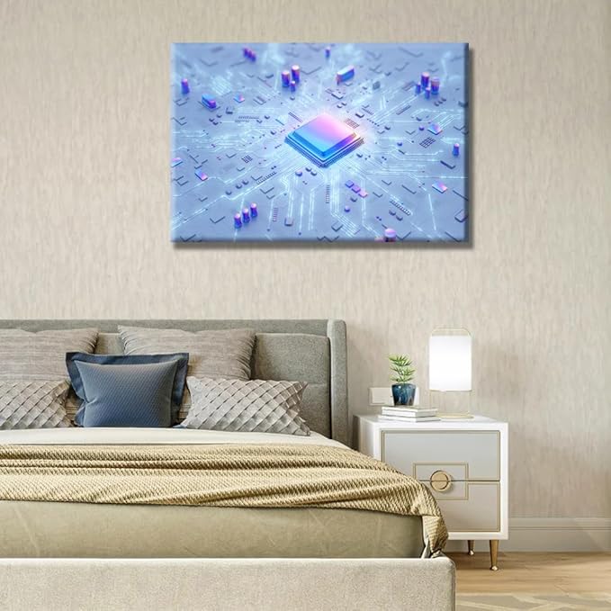 Circuit Board Wall Art for Living Room Electronic Board Canvas Wall Art Central Computer Processors CPU House Decor Computer Chip Office Wall Decor Framed CPU Concept for Home Bedroom 16X24 INCH