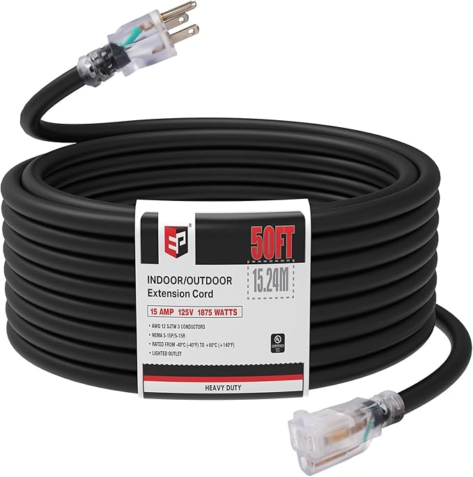 EP 50Ft Outdoor Extension Cord, 12/3 SJTW Heavy Duty Waterproof Power Cable, 3 Prong Grounded Plug, Lighted End, for Lawn, Garden, Appliances, Black