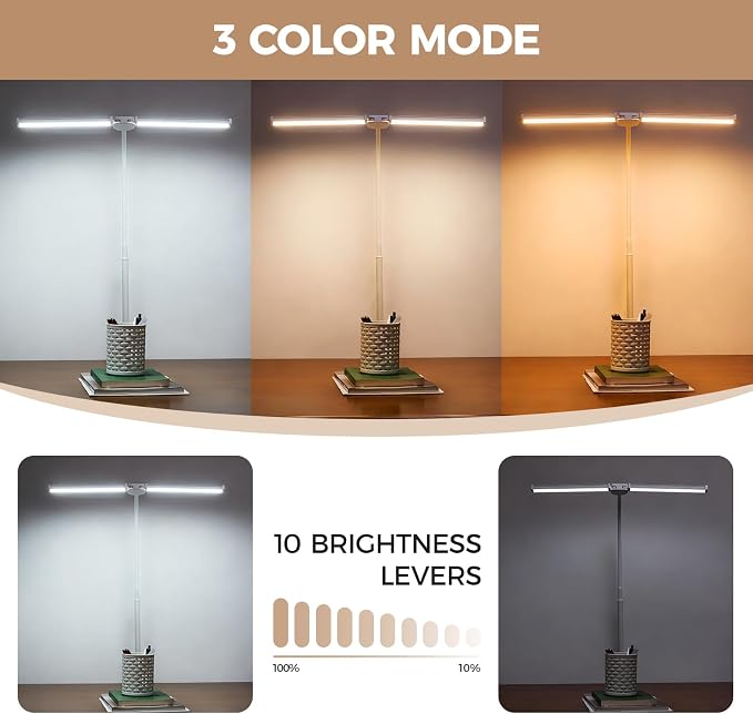 Voncerus LED Desk Lamp for Home Office, Double Head Desk Light with Clamp | 3 Modes 10 Brightness, Long Flexible Goose-Neck, Eye-Caring, Memory Function, Energy Efficient, USB Adapter, Metal, White