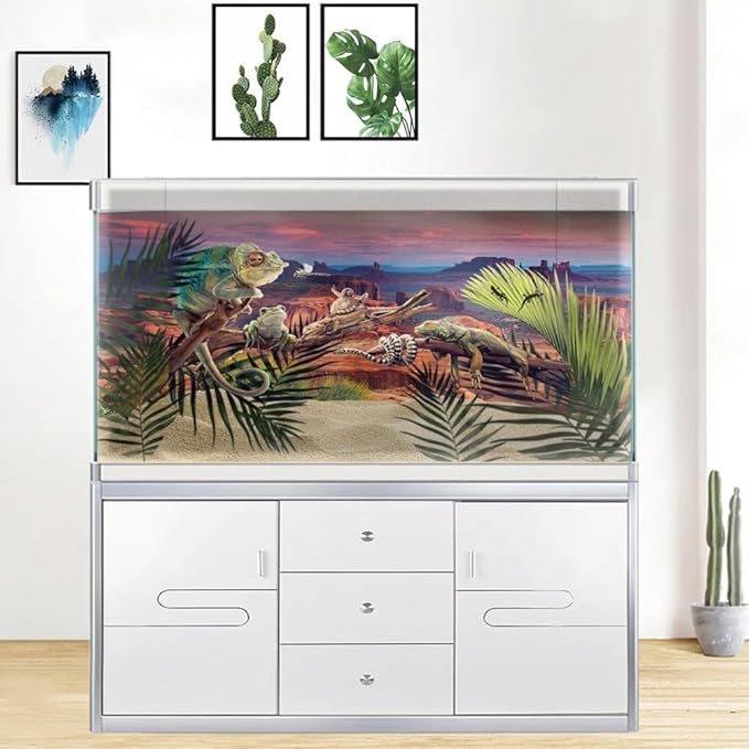 72X18IN Desert Loess Rock Cactus Oasis Reptile Habitat Background, Natural Sunset Desert Themed Terrarium Background, Aquarium Background with 10 EVA Double-Sided Tape