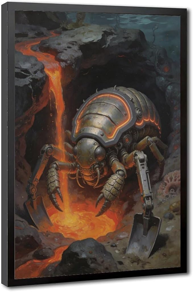 Framed Steampunk Mechanical Trilobite Wall Art - Volcanic Underwater Retro Poster for Garage Apartment Decor 12x18in