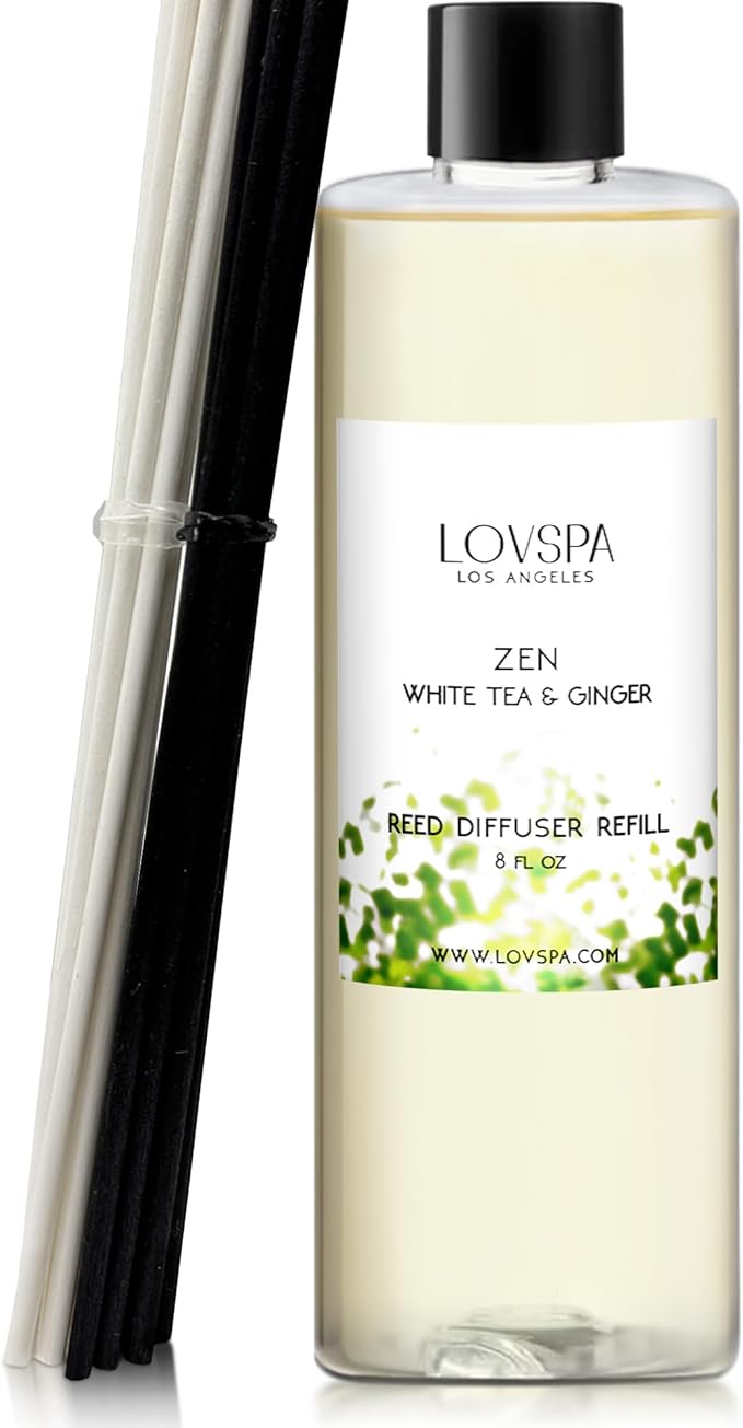LOVSPA Zen White Tea & Ginger Diffuser Oil - Essential Oils for Diffuser Refill & Air Freshener Room Spray - Long-Lasting & Natural Home Fragrance, Scented Oil for Diffusers, USA Made, 8 oz