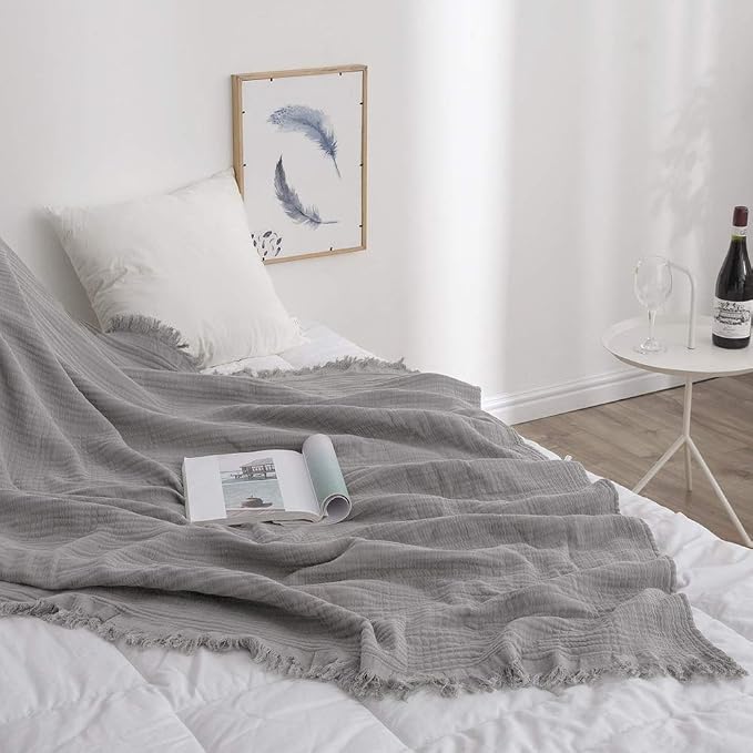 Simple&Opulence Cotton Muslin Throw Blanket for Bed, Couch, Knit Woven Gauze Blanket with Tassels, Soft Lightweight Cozy Pre-Washed Breathable Farmhouse Decoration for All-Season (Grey)