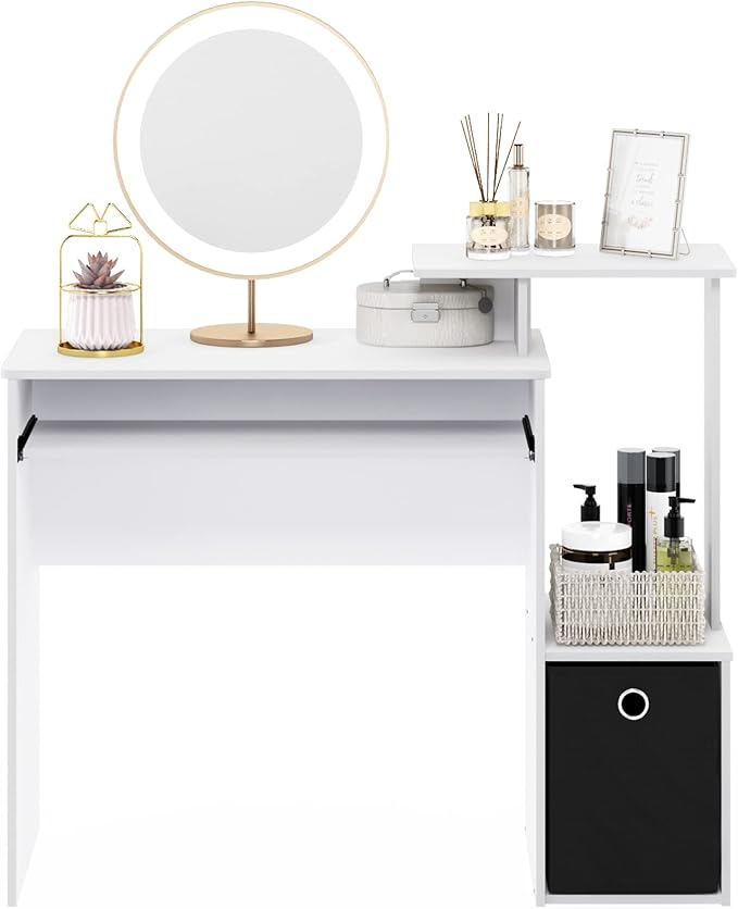 Furinno ECON Desk, 40" Wide Gaming Desk with Keyboard Tray, Computer Desk, Office Desk with Side Shelves and Storage Bin for Home Office, Plain White