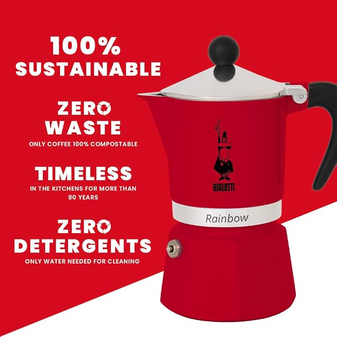 Bialetti Rainbow Moka Pot in Red, 3 Cup Stove Top Espresso Maker - Aluminum Cafetera for Ground Coffee, Italian Coffee Maker for Home Brewing