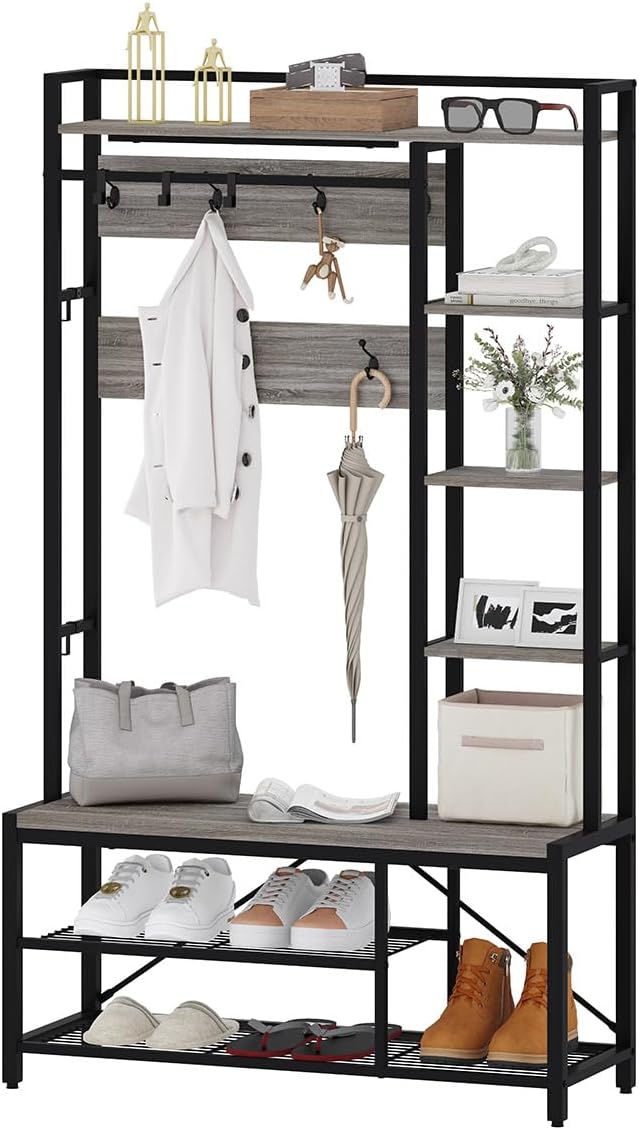 BON AUGURE Hall Tree with Bench and Shoe Storage, Entryway Bench with Coat Rack, Wooden Metal Coat Tree with Hooks, 5 in 1 Multifunctional Shoe Benches and Wall Rack (Dark Gray Oak)