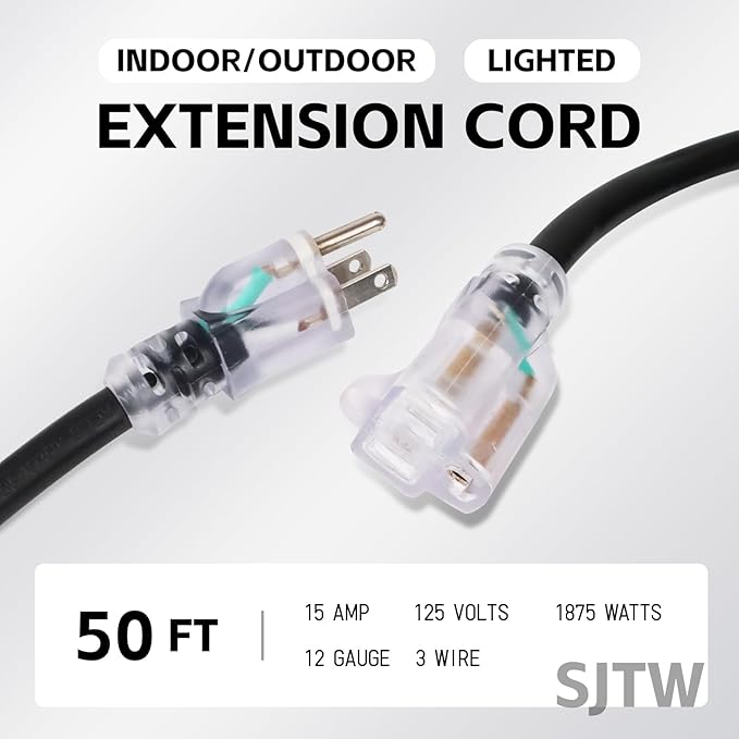 EP 50Ft Outdoor Extension Cord, 12/3 SJTW Heavy Duty Waterproof Power Cable, 3 Prong Grounded Plug, Lighted End, for Lawn, Garden, Appliances, Black