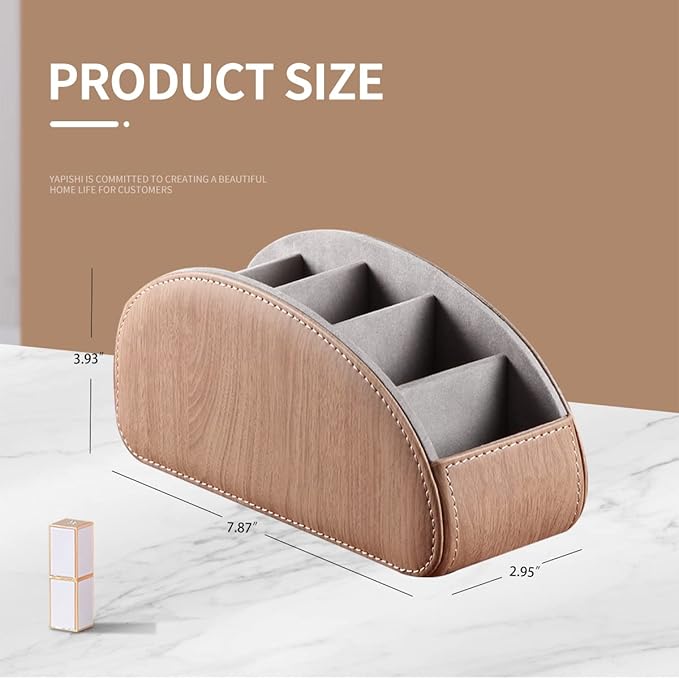 YAPISHI All-in-One Leather TV Remote Control Holder With 5 Compartments Nightstand Desktop DVD Media Player Remote Caddy Storage Box Organizer Tray For Makeup Brush Pen Stationary Table Controllers