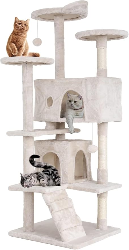 54in Cat Tree Cat Climbing Tower with Scratching Post, Cats House Perch Kitten Tree Condo Wood Playhouse, Pet Trees Tower for Indoor Cats, Beige