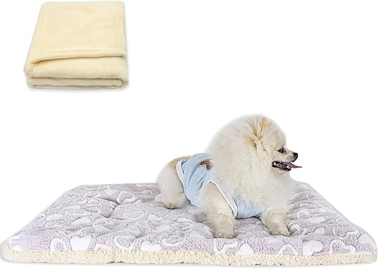 Cat Dog Bed Mat & Blanket, Reversible Pets Crate Pad Bed Mat and Ultra Soft Warm Fleece Calming Blanket for Small Puppy Kitty, Washable