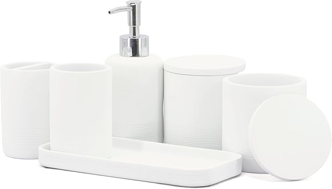 ZCCZ White Bathroom Accessories Set 6 Pieces - Toothbrush Holder, Lotion Dispenser, Qtip Container, Vanity Tray, Tumbler - Countertop Organizer for Bathrooms - Elegant and Functional Décor Set