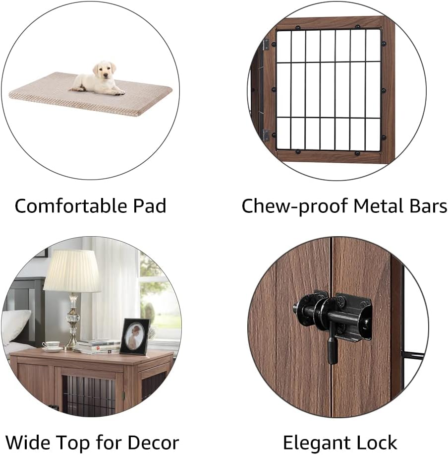 unipaws 36 Inch Furniture Style Dog Crate End Table with Cushion, Wooden Wire Pet Kennels with Double Doors, Medium Dog House Indoor Use (Walnut, Medium)