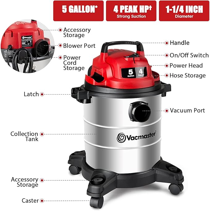 Vacmaster VOC508S 1102 5 Gallon Stainless Steel Wet Dry Shop Vacuum and 3 Gallon Ash Tank Combo