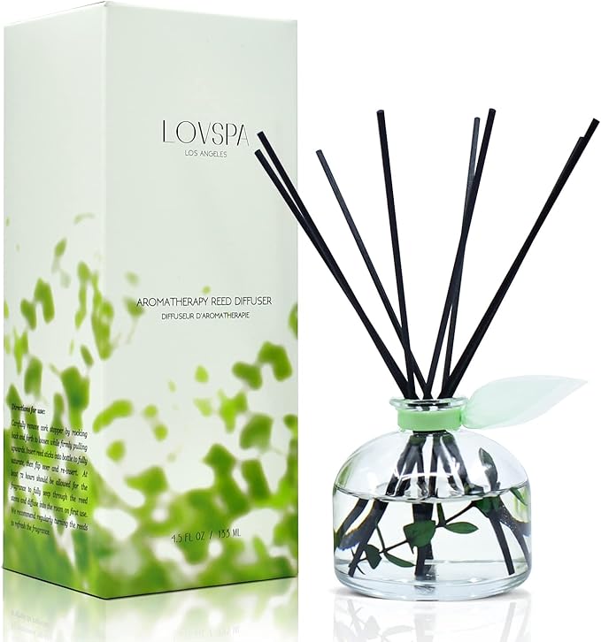LOVSPA Reed Diffuser Set, Unwind Eucalyptus & Mint Scented Oil Diffuser with Sticks, Home Fragrance Accessories for Bathroom Shelf Decor, Aroma Diffusers for Home or Office Desk, USA Made