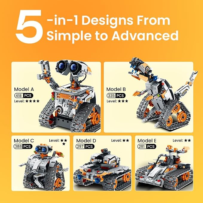 Sillbird Robot Building Kit with Remote Control STEM Gifts for Boys 8-13 | Coding Bot, Educational Birthday Presents, App-Controlled, Buildable 5in1 Models, Rechargeable Orange Robotic Set, 488 Pieces
