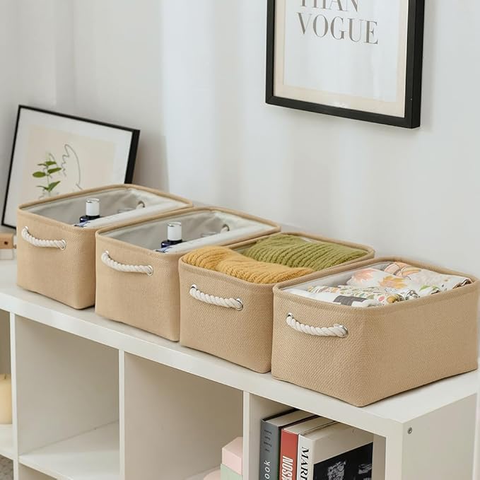 Organization and Storage Basket for Gifts Empty - 16x12x8 inch Large 4 Pack Fabric Storage Cube Collapsible Baskets for Shelves with Handles, Storage Box for Cloth Books Laundry Canvas(Beige)