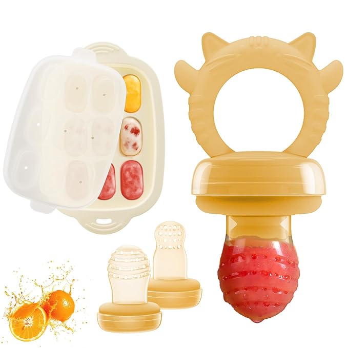 Baby Food Fruit Feeder Pacifier with Freezer Tray | Auto-Push Silicone Baby Feeder, Safely Introduce Fresh + Frozen Food - Breastmilk Popsicles for Teething Relief Babies 4 Months+