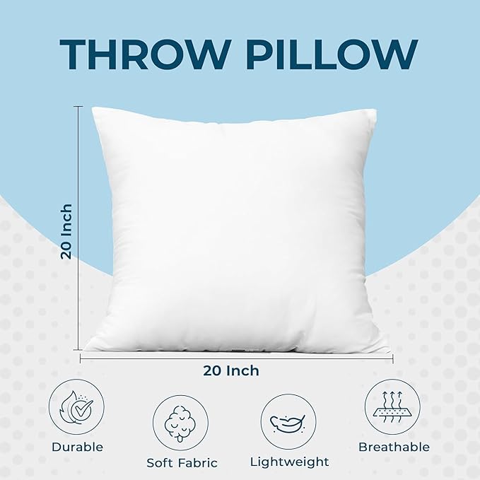 Utopia Bedding Throw Pillows, 20x20 Pillow Inserts, Pack of 1, White | Down Alternative Throw Pillow Inserts, Couch Pillows for Indoor Decor, Plush & Supportive, Decorative Cushion for Sofa, White