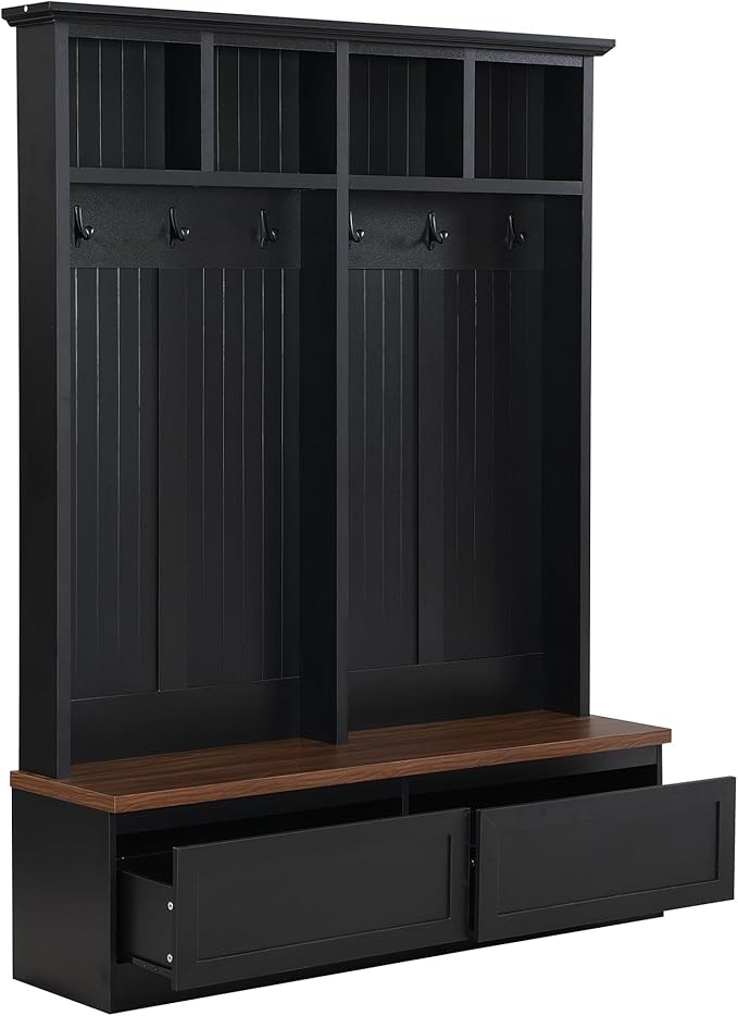 LUMISOL Mudroom Entryway Hall Tree with Storage Bench, 4-in-1 Farmhouse Coat Rack with Open Compartments and 2 Large Drawer for Entryway, Hallyway Shoe Cabinet with 6 Hanging Hooks, Black