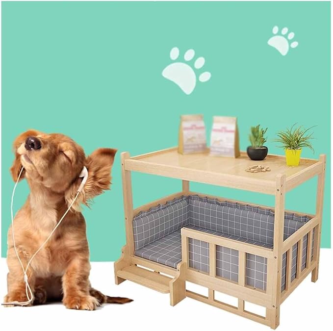 XPLKQXE Dog Bed Wood Platform, Elevated Pet Cushion Bed, Animal Couch with Mattress, Dog Beds & Furniture Rest Cot, Portable Fence Bed Pet Up to 45kg/100lbs(Color:Woody,Size:60x45x65cm)