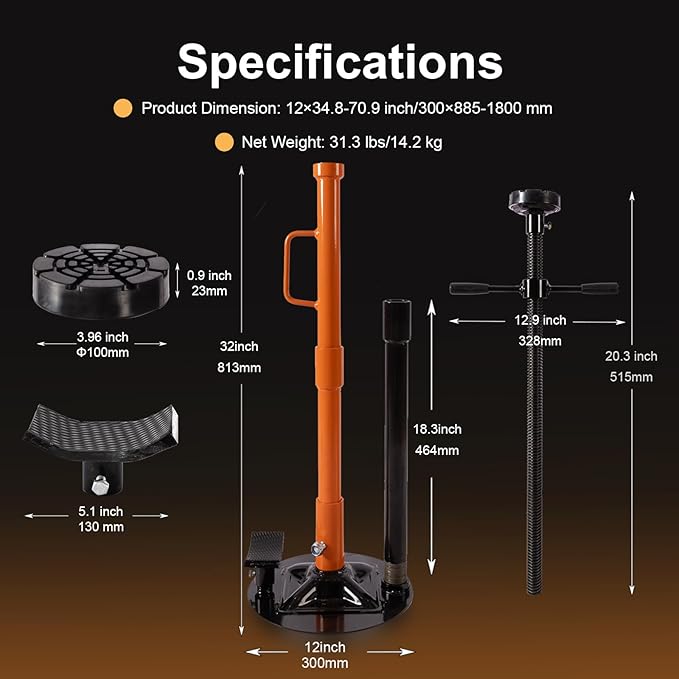 Underhoist Support Stand, 1-Ton Capacity, 3-Section Adjustable Height 34.8'' to 70.9'', Self-Locking Threaded Screw with Thrust Bearing Pole Jack, 2 Replaceable Saddles for Vehicle Component Support